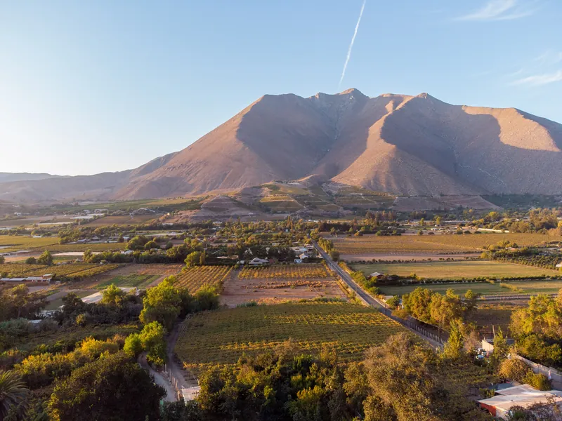 Vista panorámica del valle con viñedos y cerros con luz de tarde